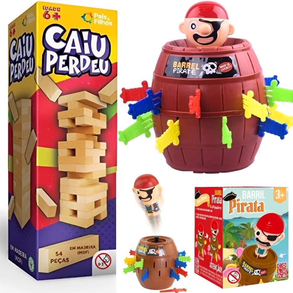 kit Caiu Perdeu Torre De Equilíbrio + Barril Pula Pirata  Brinquedo Infantil Interativo