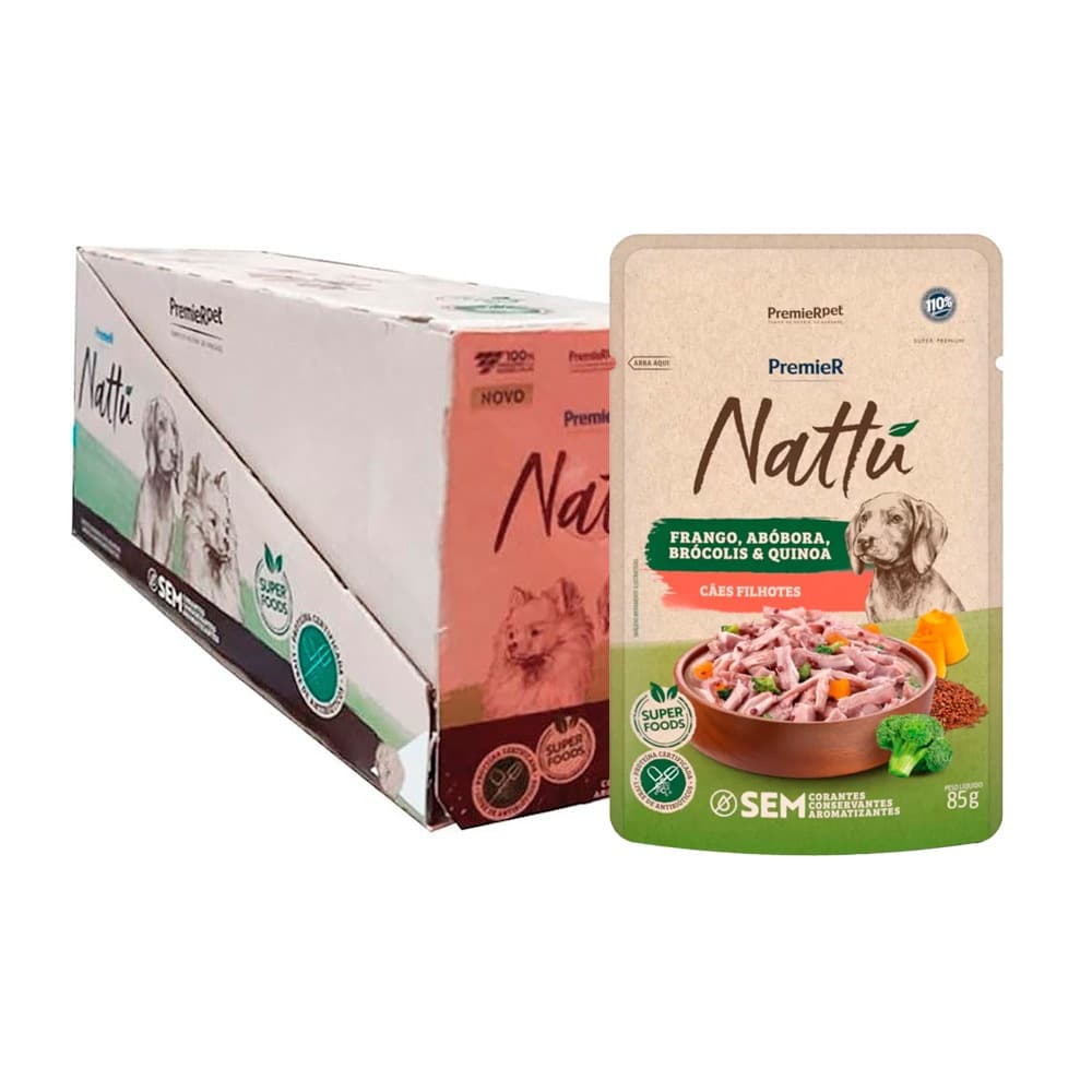 Kit 20un. Ração Úmida Premier Nattu Sachê Cães Filhotes Frango, Abóbora, Brócolis e Quinoa 85g