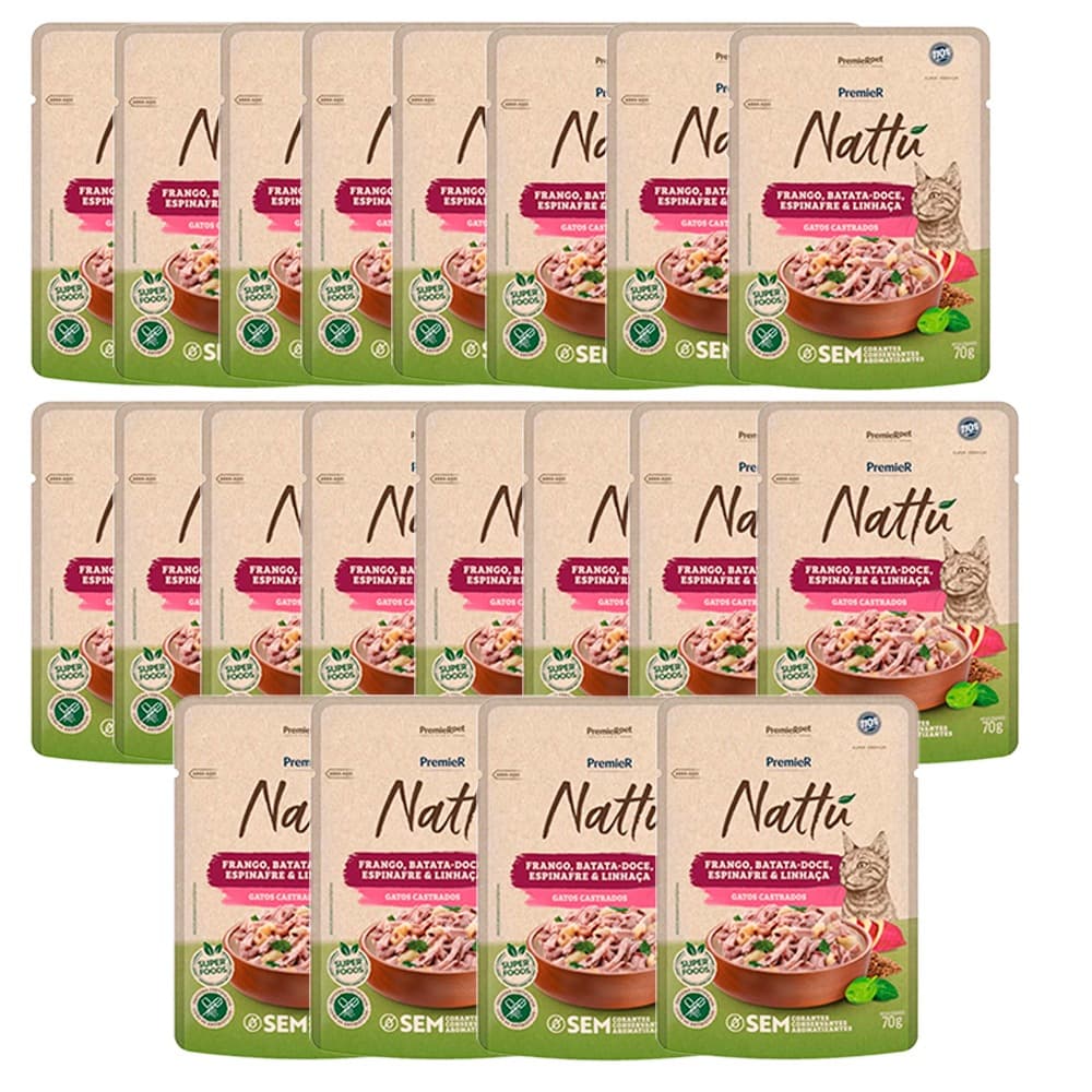Kit 20un. Ração Úmida Premier Nattu Sachê Gatos Castrados Frango, Batata Doce, Espinafre e Linhaça﻿ 70g
