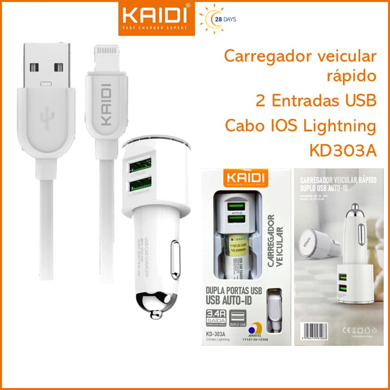 Carregador Veicular Fonte veicular com 2 Saídas Cabo USB para IOS Apple Lightining 1m Kaidi KD-303A