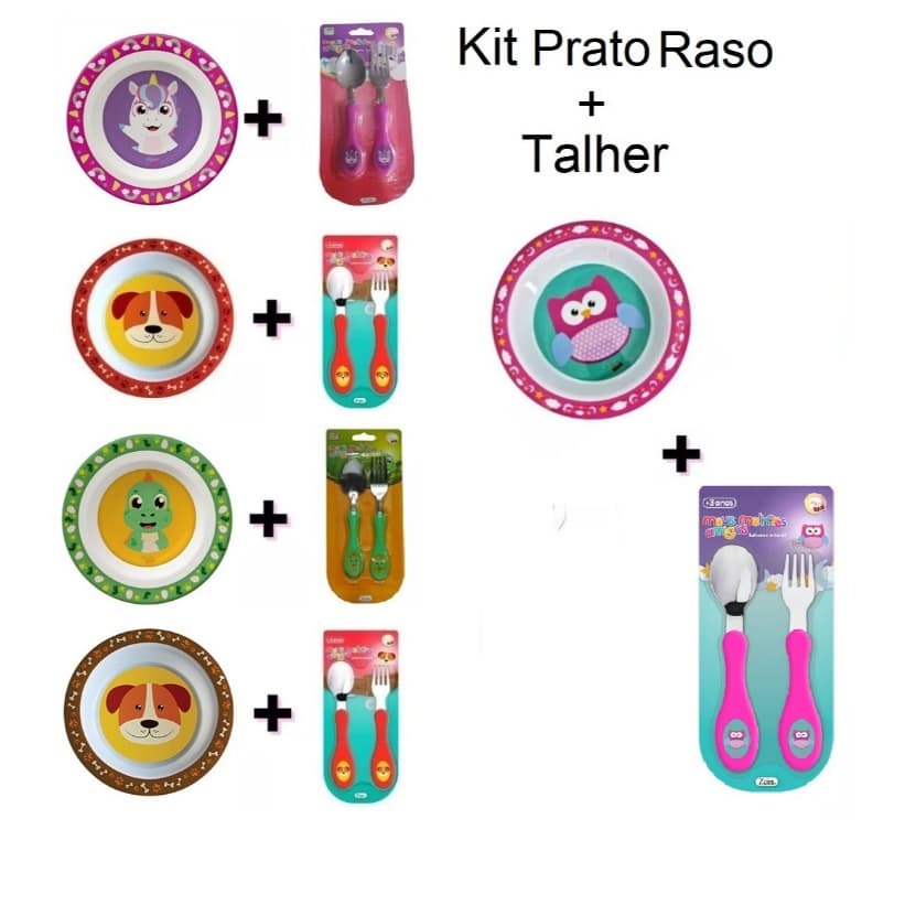 Kit Talher Garfo E Colher + Prato Infantil Bebê Refeição Melamina Bichinhos Art House - 22cm