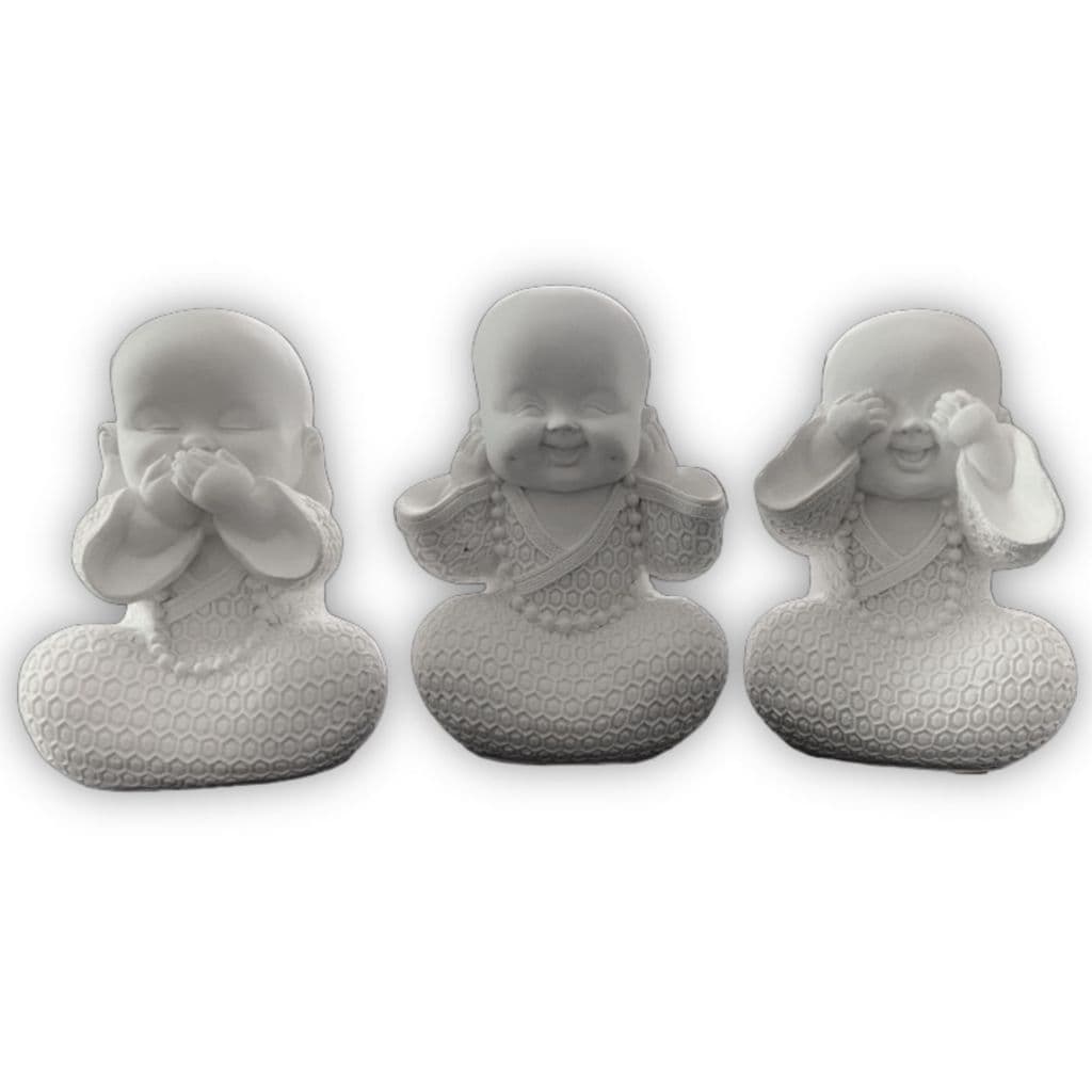 Trio de Buda Cego Surdo e Mudo 11cm Gesso Cru