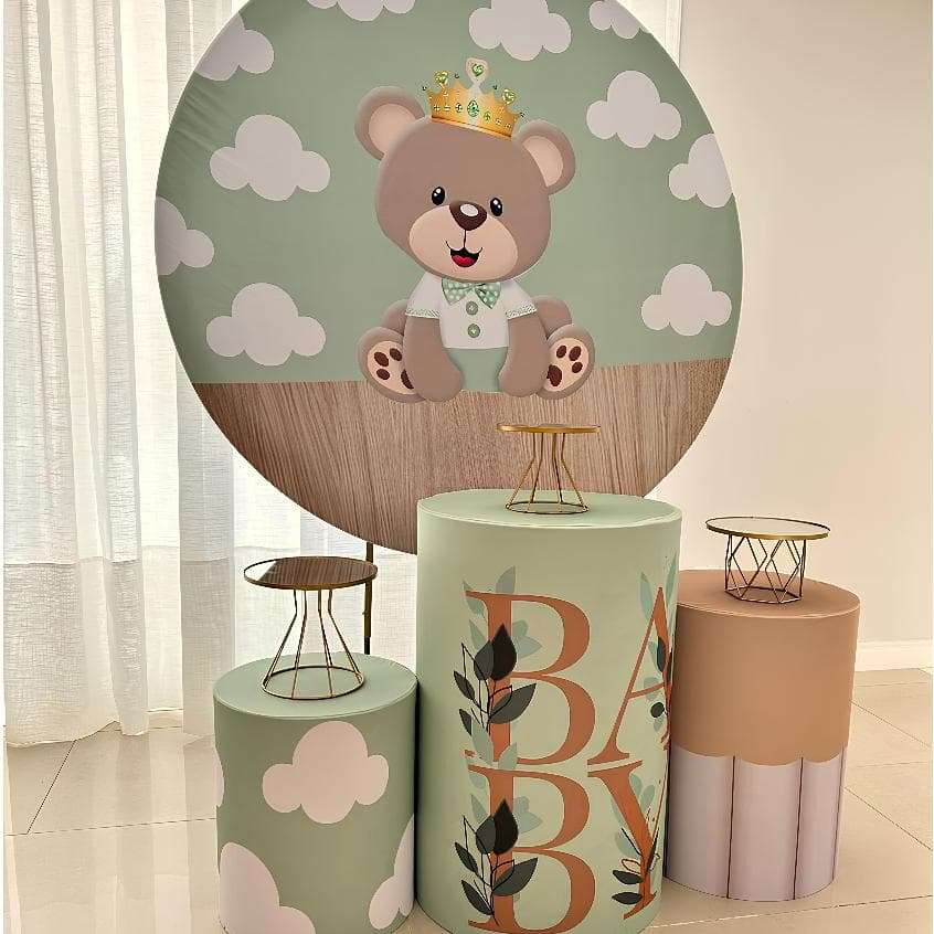 Conjunto Festivo Capas Sublimadas para Painéis Redondos e Cilindros Tema Chá De Bebê