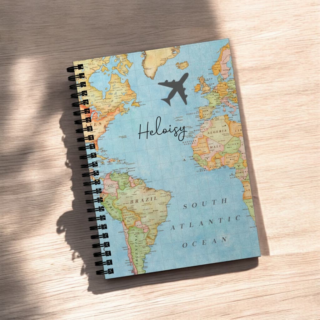 Caderno de viagem Travel personalizado com nome Tamanho A5 15x21cm capa dura Agenda Diária Wire-o Anel Metálico