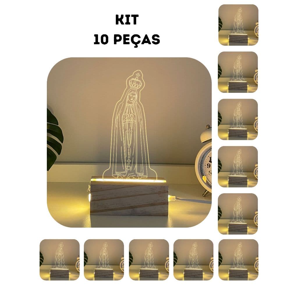 Luminária Led Kit Nossa Senhora de Fátima Acrílico Madeira