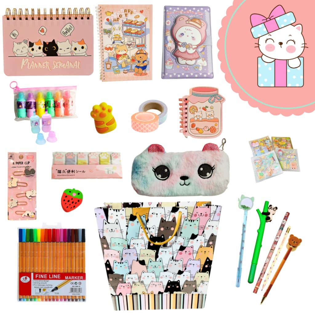 Kit Papelaria Fofa 40 Itens Presente de Luxo Kawai Com Planner e Estojo Super Fofo