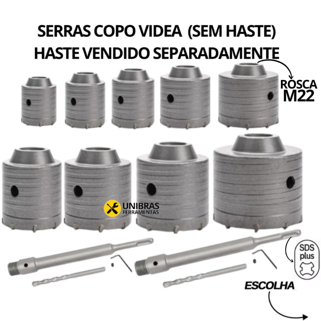 Serra Copo Videa P/ Concreto Parede 30 a 125mm Rosca M22 Haste Sds 160mm, 250mm, 400mm - Escolher
