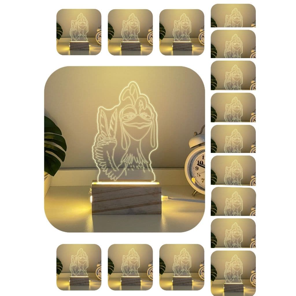 Luminária Abajur de Mesa Kit João Frango Acrílico Madeira 3D Led