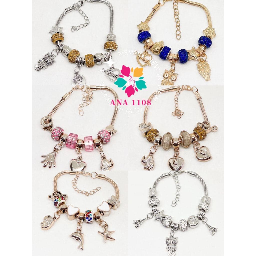 ANA1108 KIT 6 Pulseira Berloques Prateada, Rose e Dourada Estilo Feminina (Modelo aleatório)