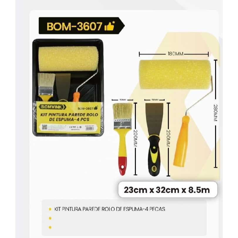 Kit De Pintura De Parede Rolo Espátula Trincha Pincel Bandeja 4 Peças Essencial