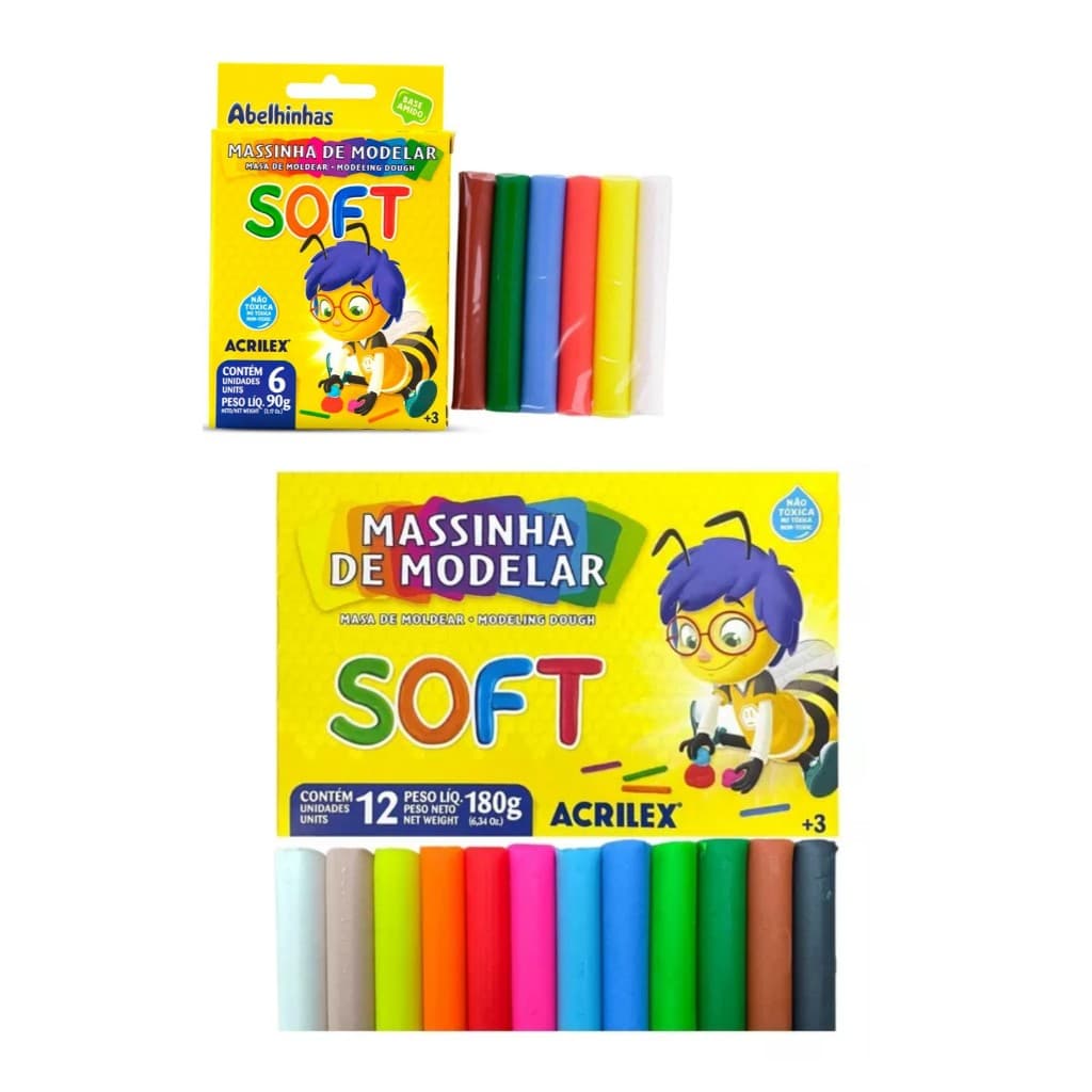 Massinhas De Modelar Acrilex 6 cores 90g ou 12 cores 180g Soft Abelhinha