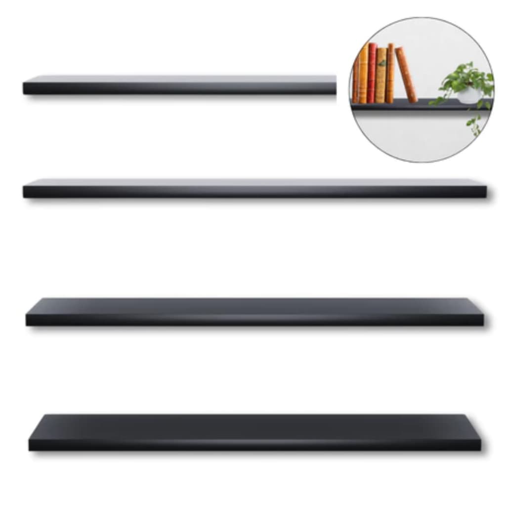 Kit 4 Prateleiras MDF Preta 100x20cm com Suporte Invisível – Prateleira Flutuante 15mm, Resistente até 25kg