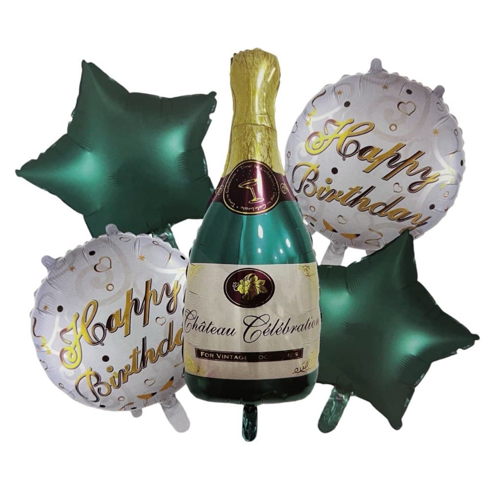 Kit/5 Balão Metalizado Champanhe Celebration e Balão Happy Birthday Natal Ano Novo