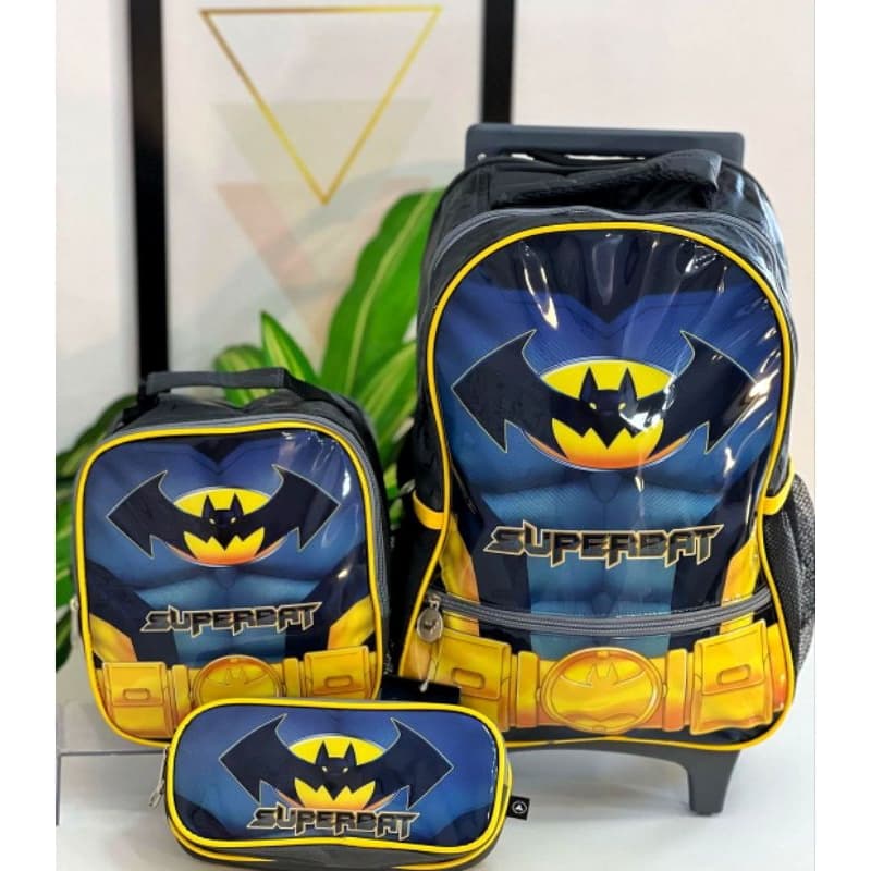 Kit Mochila Infantil Rodinha BATMAN/ MOCHILA DE RODINHAS + LANCHEIRA + ESTOJO/ MOCHILA PARA MENINO BATMAN MOCHILA BATMAN