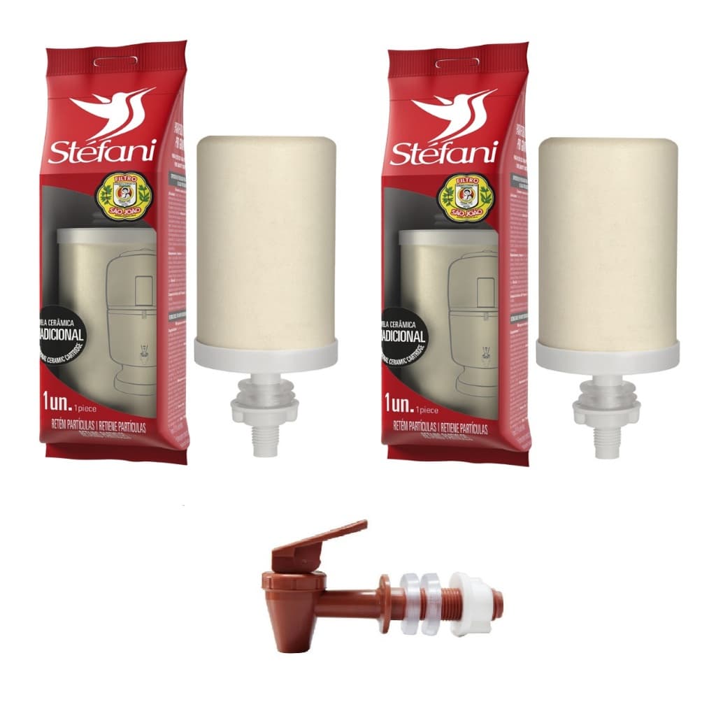 Kit 2 Ou 3 Velas Tradicional Stéfani Original Filtro De Barro São João + 1 Torneira Marrom Click