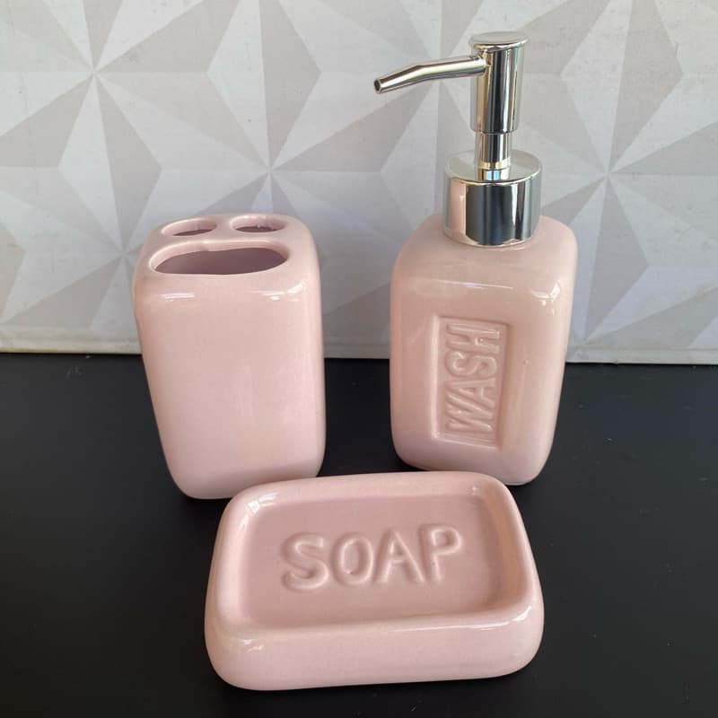 Jogo de banheiro rosa com 3 peças com porta sabonete líquido porta sabonete e escova de porcelana kit conjunto