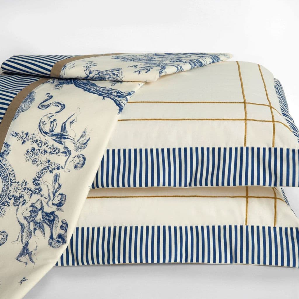 Jogo de Lençol Cama Casal Queen Size 04 Peças Percal 180 Fios Algodão Palha com Azul