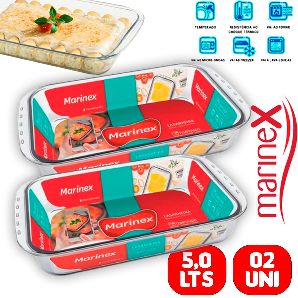 Assadeiras Forma Retangular Funda Jogo 2 grande de 5l vidro temperado Lasanheira Marinex