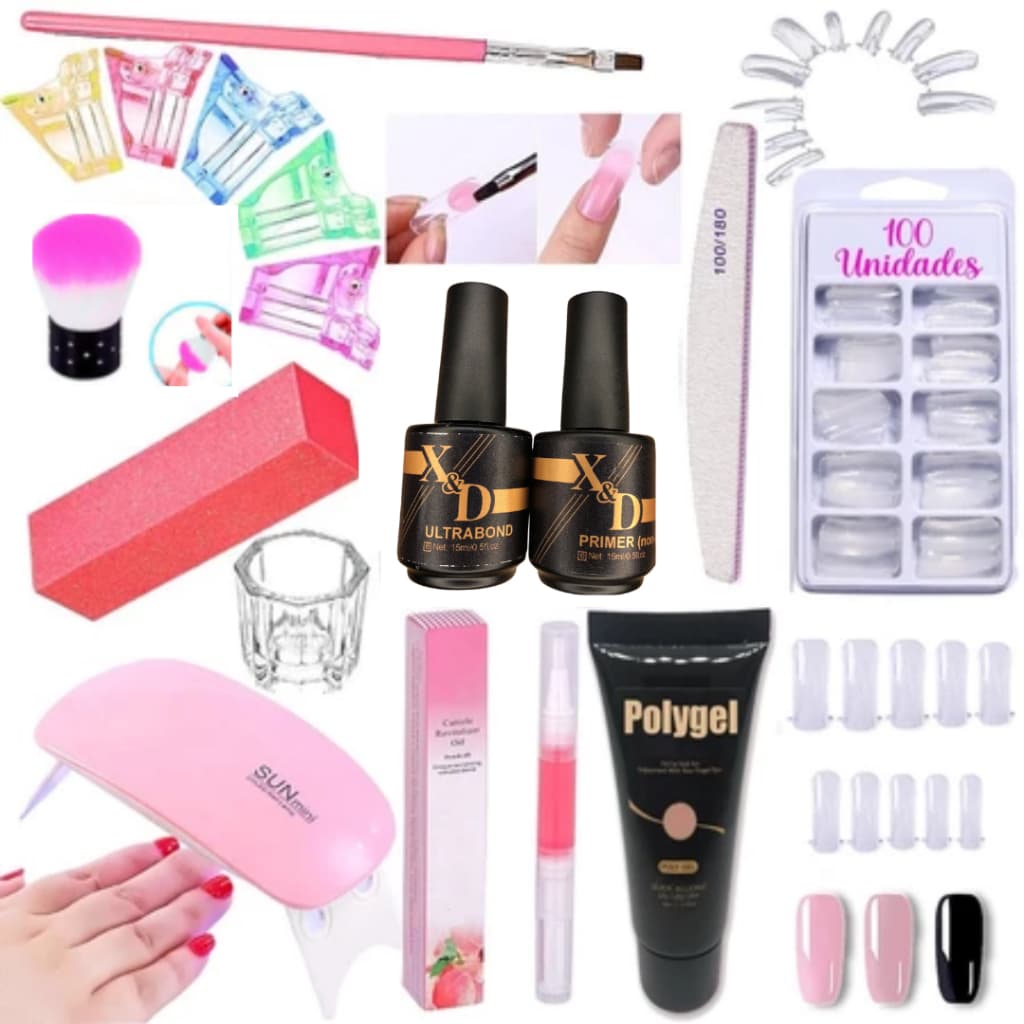 Kit Polygel Alongamento De Unha + Molde F1 + Lixa + Top Coat + Primer + Cabine Sun Mini Poligel Alongamento Unhas Poly G