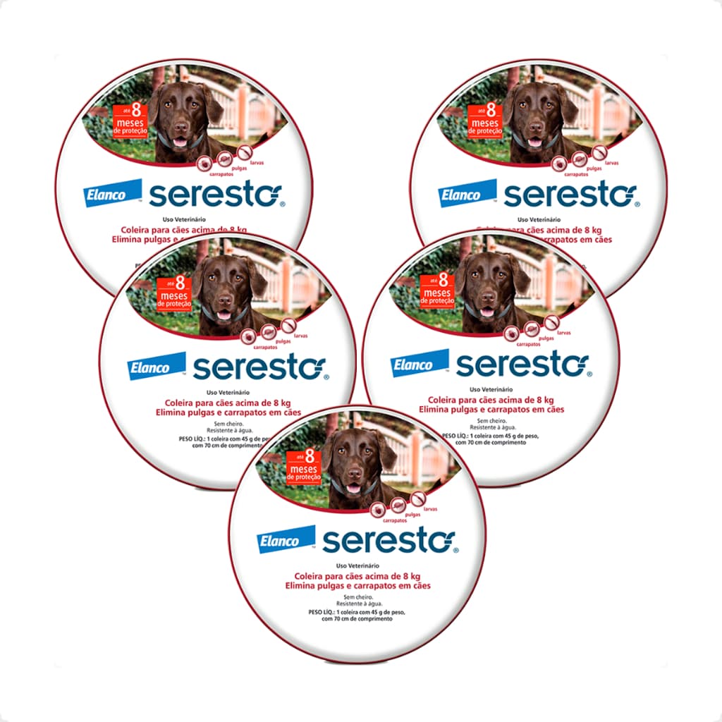 Kit 5 Coleira Antipulgas e Carrapatos Elanco Seresto - Cães acima de 8 Kg