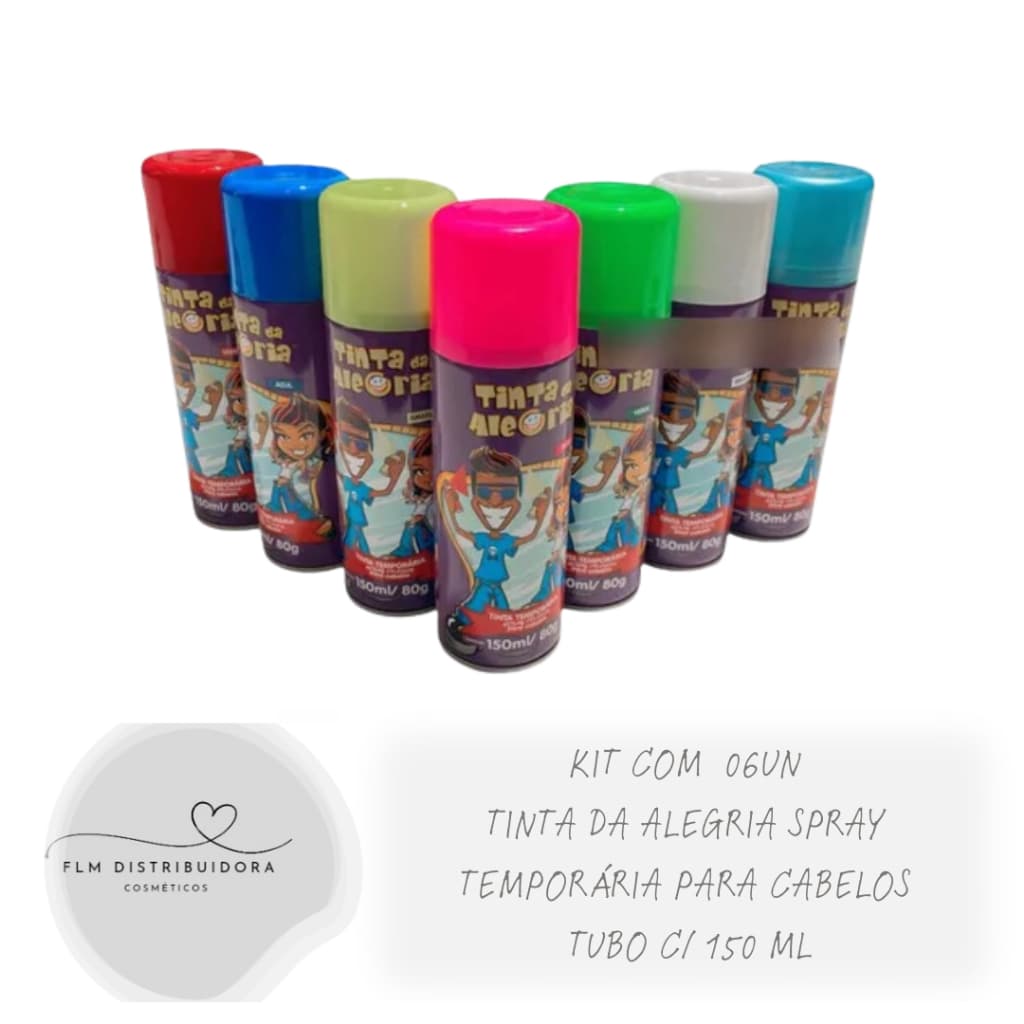 Kit com 06un Tinta da Alegria Spray Temporária para Cabelos SORTIDAS - Tubo c/ 150 ml