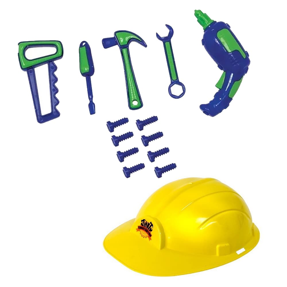 KIT INFANTIL CONSTRUÇÃO MENINO E MENINA COM CAPACETE E FERRAMENTAS FAZ DE CONTA