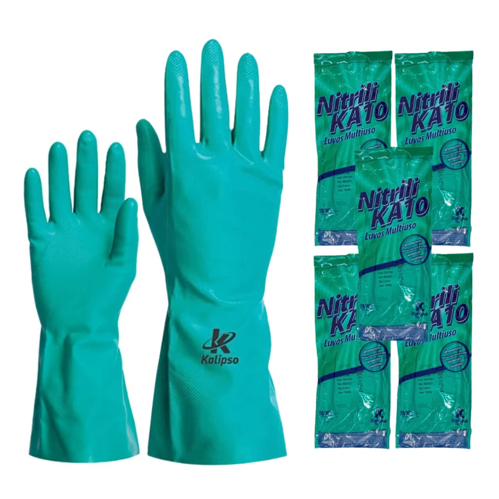 Kit 5 pares Luva Nitrílica Forrada Verde Produtos Químicos Limpeza Pesada Kalipso