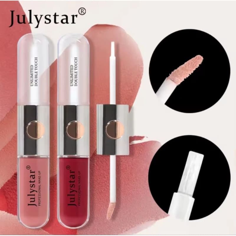 Julystar-Batom Líquido Double Head, Brilho Labial,Conjunto de Óleo Labial, Fosco, Hidratante,Impermeável, 2 em 1,