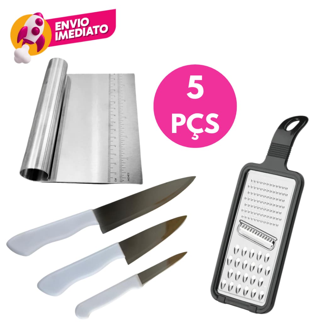 Kit Espátula Reta Massa Legumes + Ralador Alimentos 1 Face + Jg 03 Facas Cabo Branco Utensilio Inox