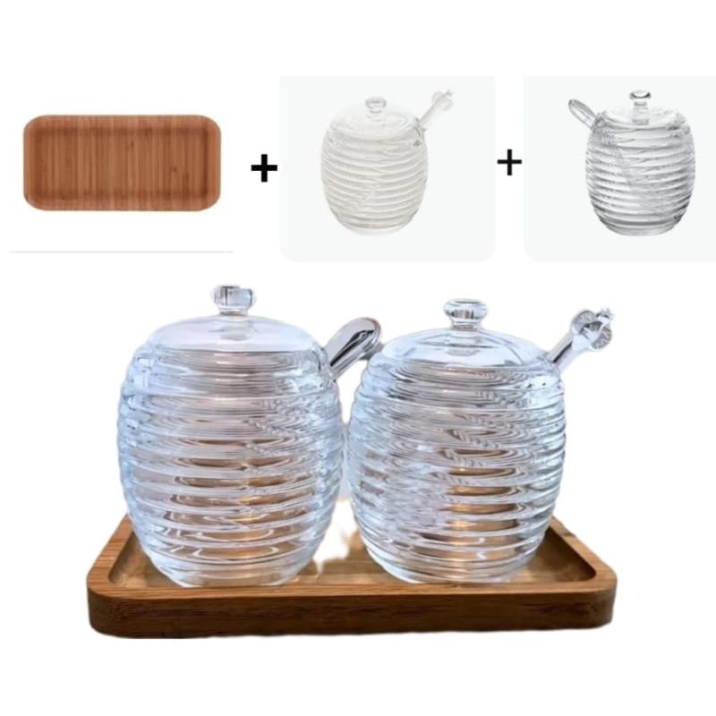 Kit Açucareiro e Meleira Vidro Colméia + Bandeja de Bambu