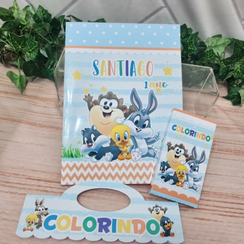 Kit Colorir Baby Looney Tunes Azul Personalizado | Lembrancinha Festa Infantil | Livrinho + Giz de Cera | Qualquer Tema