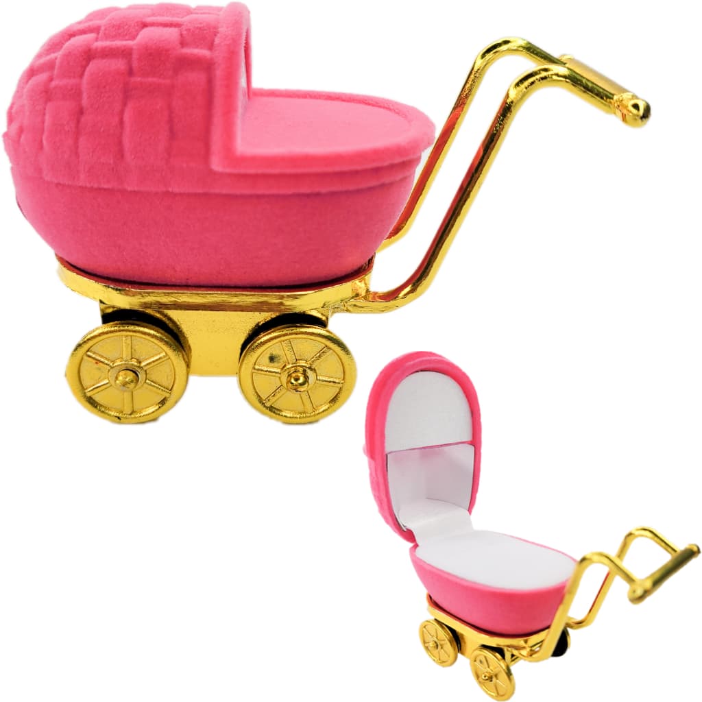 Estojo Caixinha Carrinho De Bebê Rosa Com Dourado Veludo Infantil Brinco Anel Aliança Joia