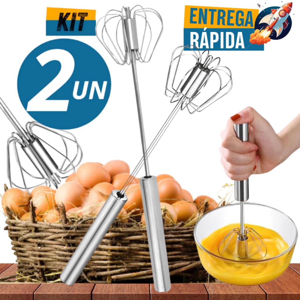 Jogo Conjunto 2 Batedor Misturador De Ovos Clara de Inox Giratório Manual Bolos Creme