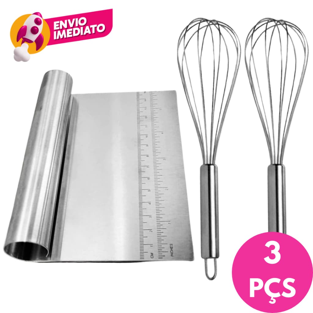 Kit Espátula Reta Massa E Legumes + 02 Batedor Claras Fouet Em Aço Inox Utensilio Cozinha