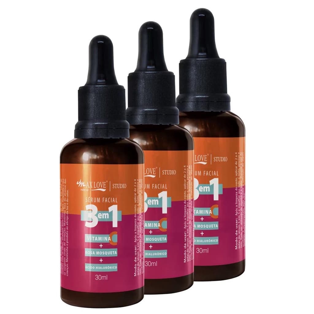 Kit c/ 3 Sérum Facial 3 em 1 Max Love Acido hialuronico elima rugas preço baixo