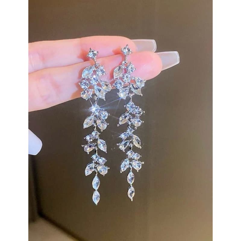 Brincos elegantes de casamento com formato de folha e franja de cristal longa para noivas, brincos sofisticados