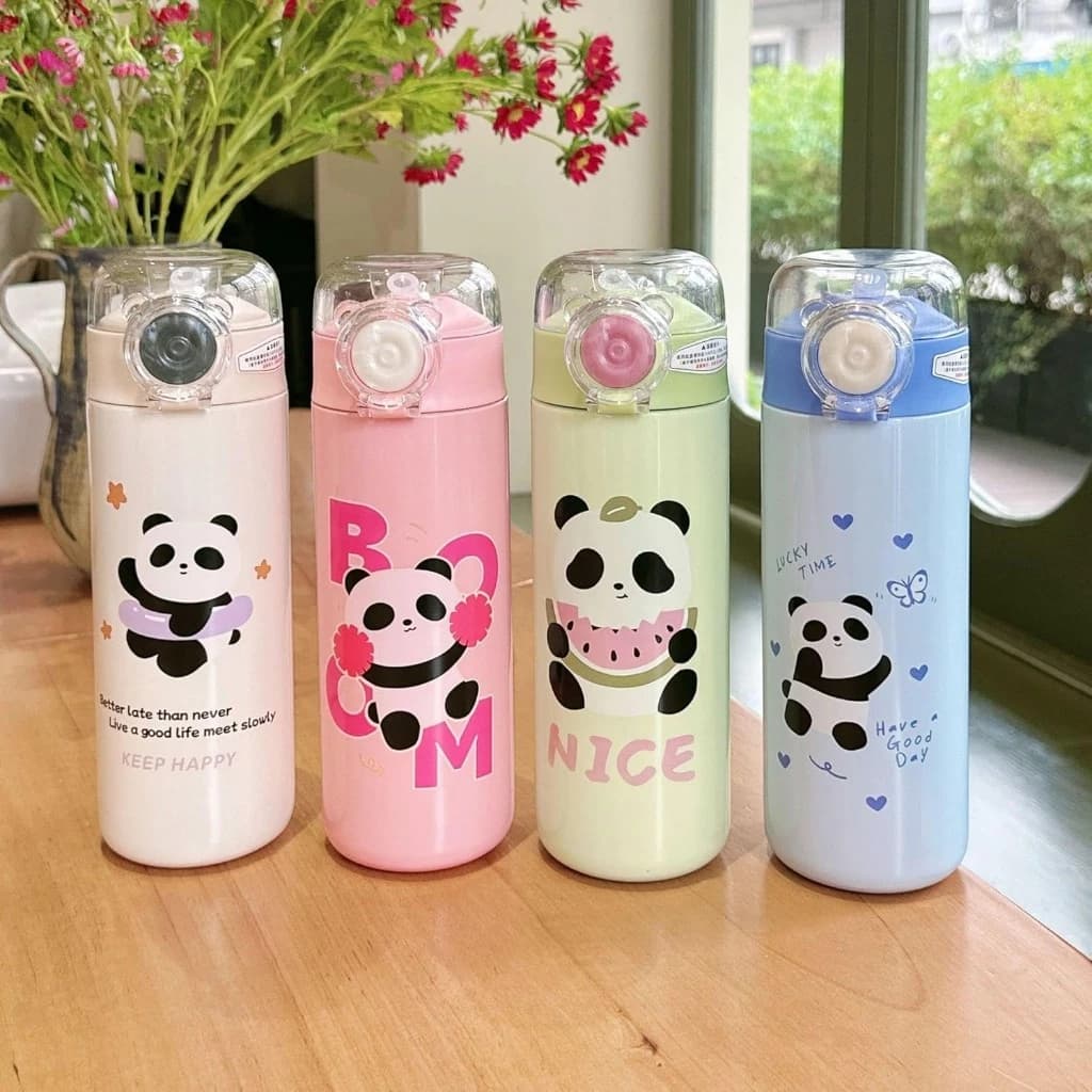 Garrafa Squeeze Térmica Aço Inox Estampa Panda Escolar Infantil com Canudo 500ml