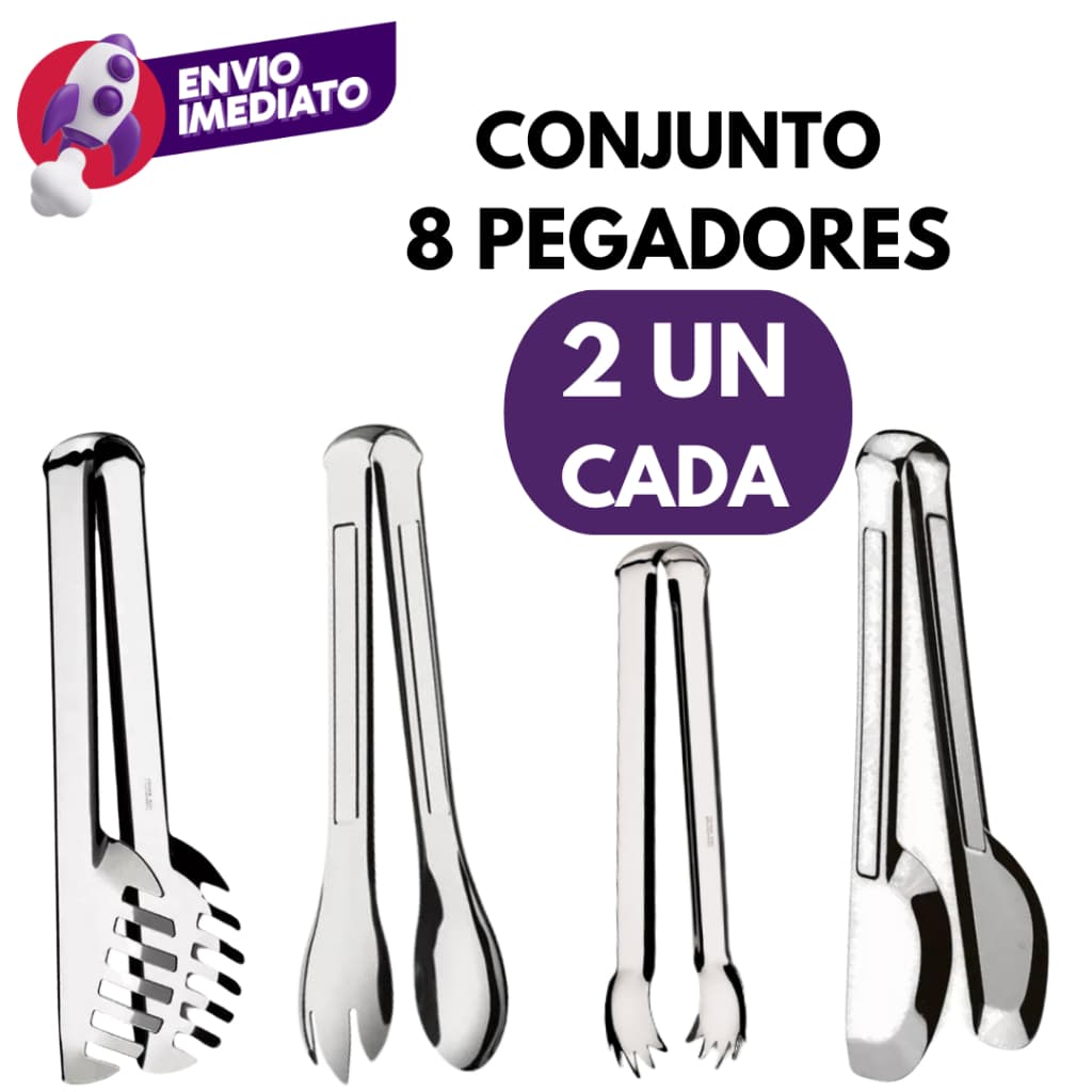 Kit 08 Pç: Pegador Salada E Pegador Massas E Pegador Carne E Universal Multifuncional Aço Inox