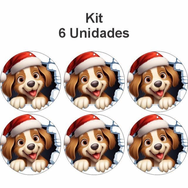 Bolinha de Natal Cachorro  MDF 9cm - Arte Estilo 3D - Kit 6 Unidades