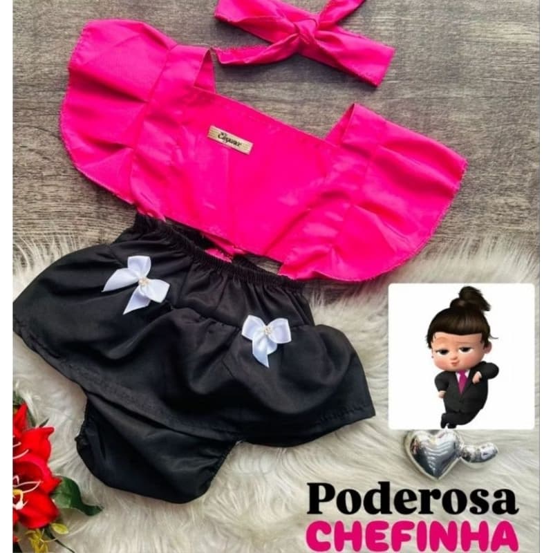 Romper Vestido Poderosa Chefinha + Faixa De Cabelo Jardineira Temático Mesversário Body Bebê Vandinha Ensaio Fotográfico