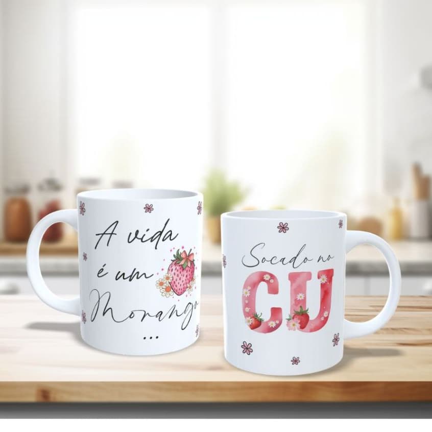Caneca xícara Morango frase A vida é um morango no cool