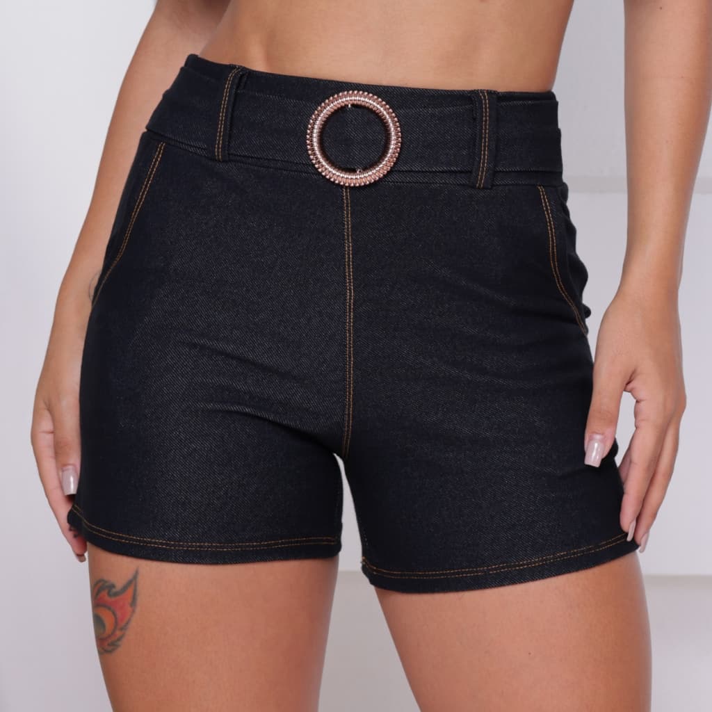 Shorts Jeans Feminino Curto com Cinto Dourado Cintura Alta Bolso Elastano bermuda M ao Extra