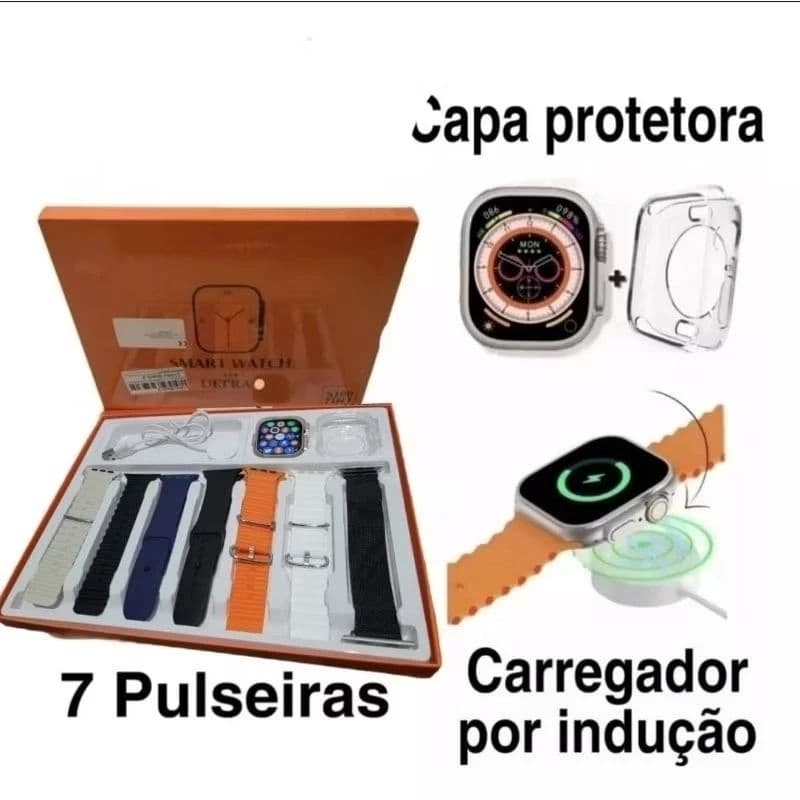 Relógio smartwatch S100 séries 9 ultra 2 com 7 pulseiras e capa protetora