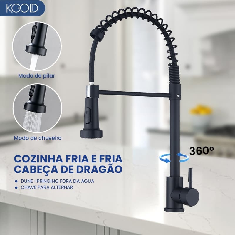 Torneira Cozinha Gourmet de Bancada Monocomando Preta Com Spray Flexível Misturador, Torneira Rotação 360°
