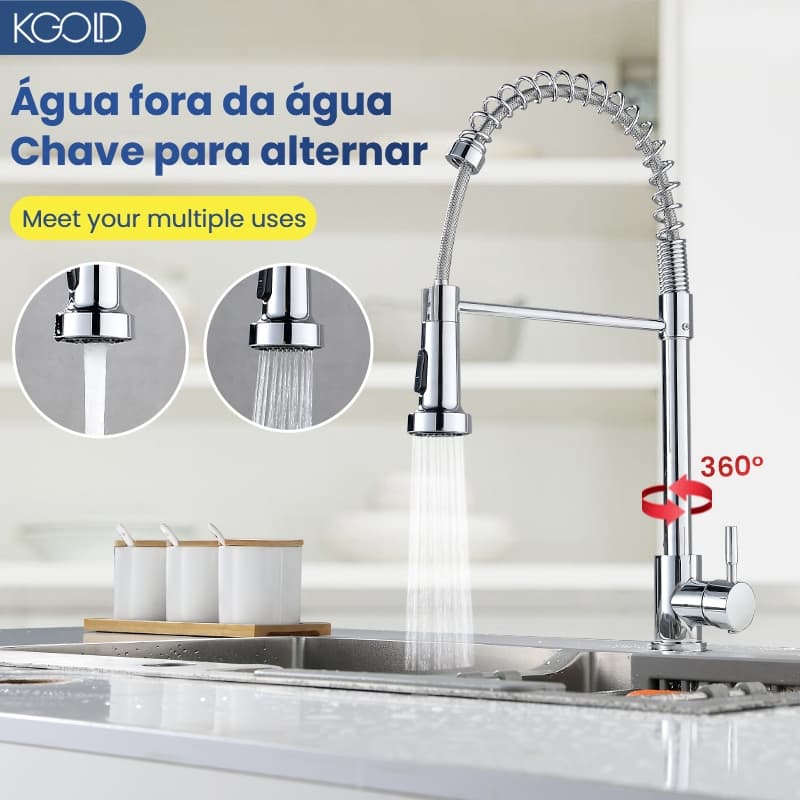 Torneira Cozinha Gourmet de Bancada Monocomando Preta Com Spray Flexível Misturador, Torneira Rotação 360°