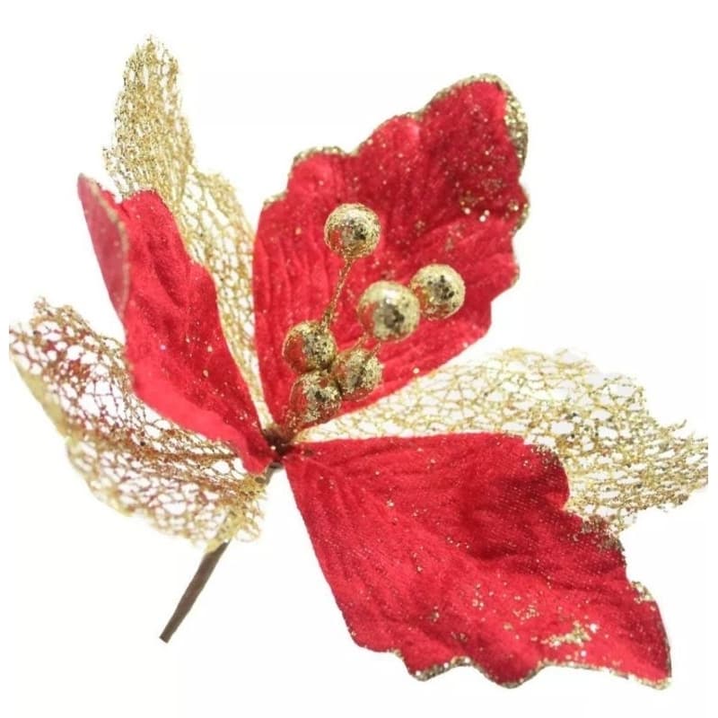 Kit 6 Flores Com Cabo Artificial Decoração De Natal Glitter