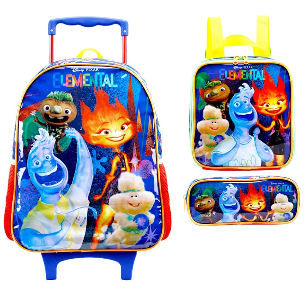 Kit mochila infantil com Rodinhas Elementos Lancheira Térmica e Estojo - xeryus