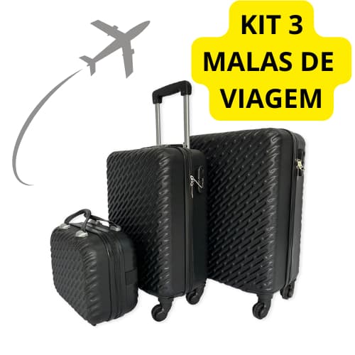Kit De 3 Malas De Viagem Preta: interior espaçoso, as malas vem com cadeados fixo, viagem perfeita