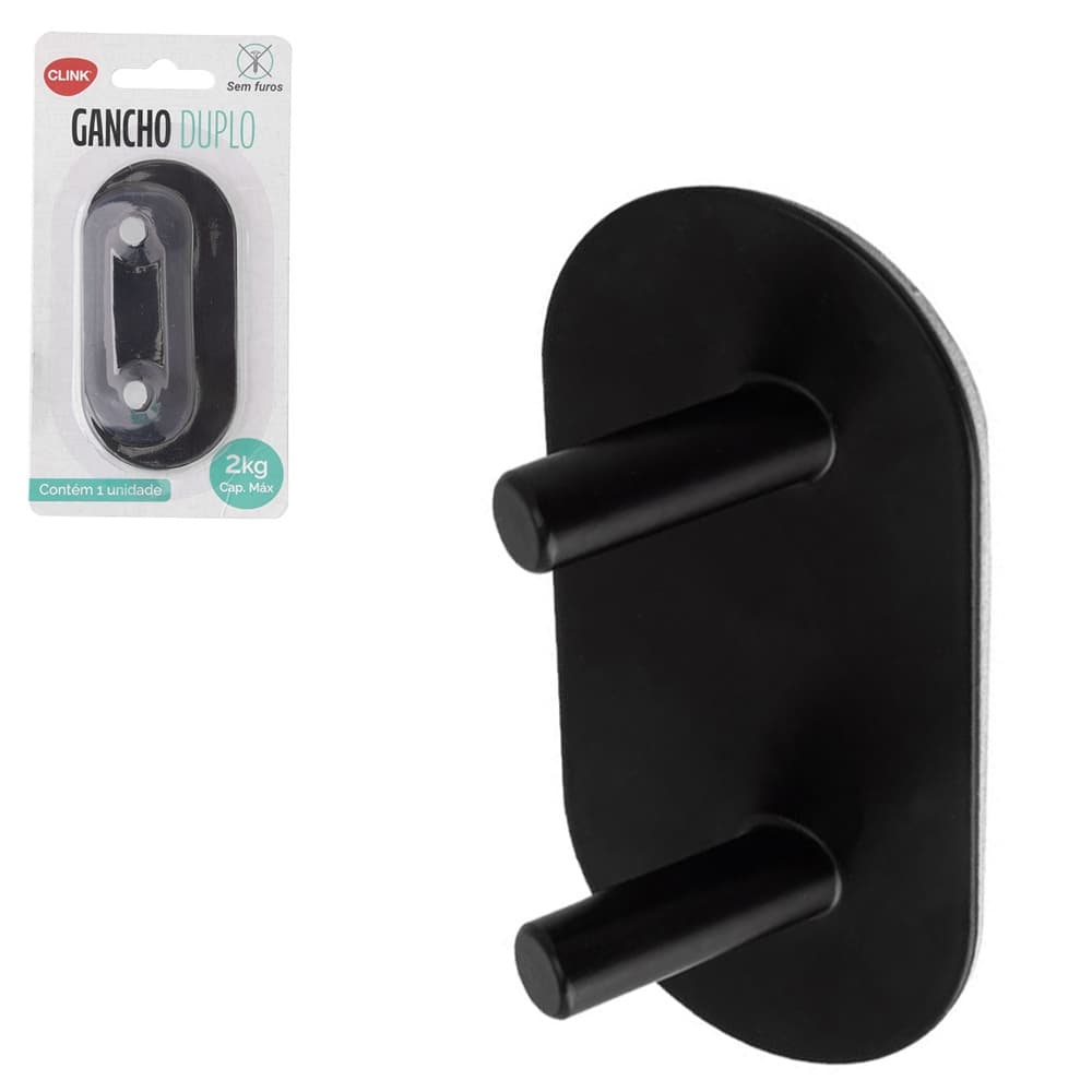 CABIDE GANCHO DE METAL OVAL DUPLO AUTOADESIVO PRETO