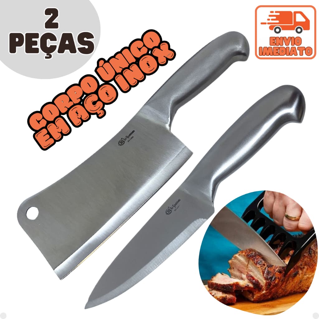 Kit 2 Facas Peixeira e Cutelo Cabo e Lâmina em Aço Inox - Entre as melhores Facas de Cozinha